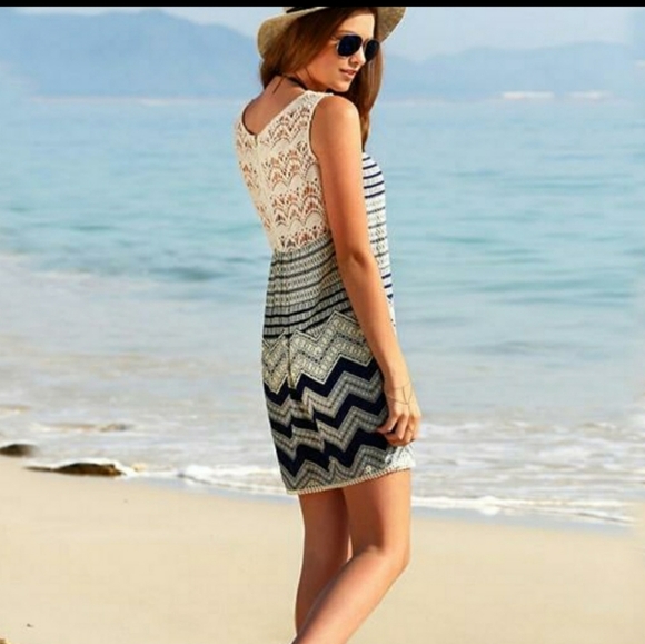 Bohemian Style Print Lace Patchwork Dress Medium - Picture 2 of 9